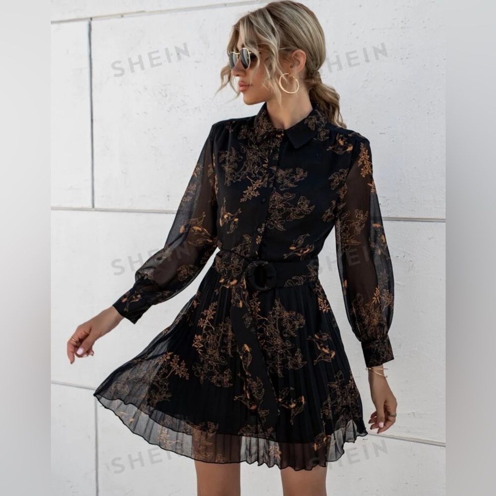 Black & Gold/Orange Floral Pleated Dress